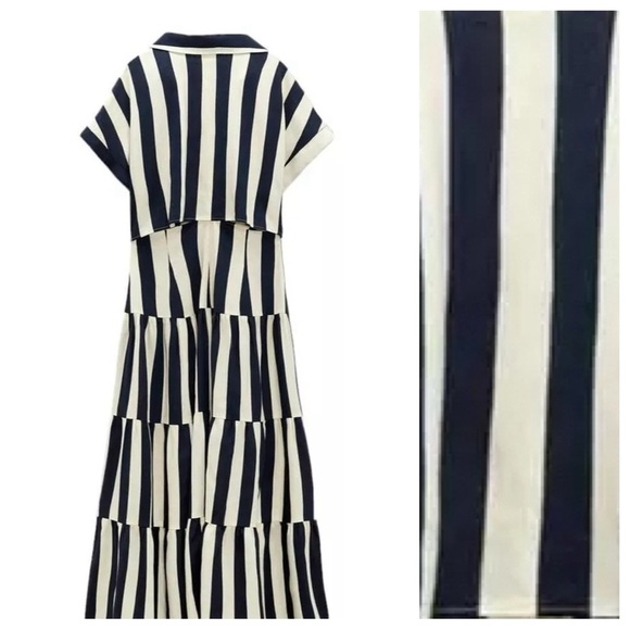 NWT. Zara Navy Blue/Cream Striped Linen Blend Midi Dress. Size L. - Picture 4 of 7